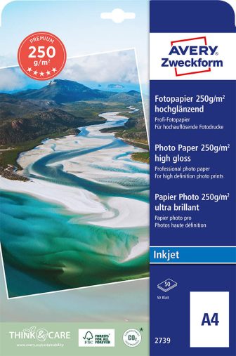 Avery Zweckform No. 2739 tintasugaras 210 x 297 mm (A4) méretű, 250 g -os prémium minőségű magasfényű fotópapír - 40 ív / csomag (Avery 2739)