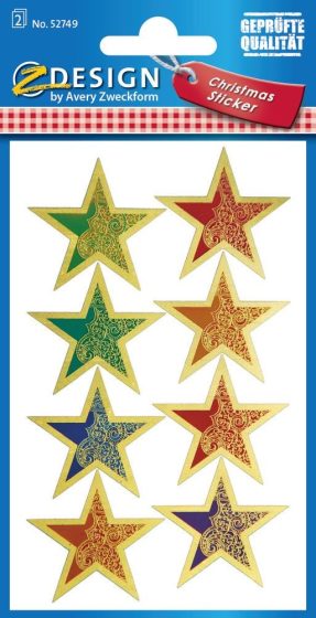 Avery Zweckform Z-Design No. 52749 karácsonyi aranyozott papír matrica - kék, piros és zöld színű csillag motívumokkal - kiszerelés: 2 ív / csomag (Avery Z-Design 52749)