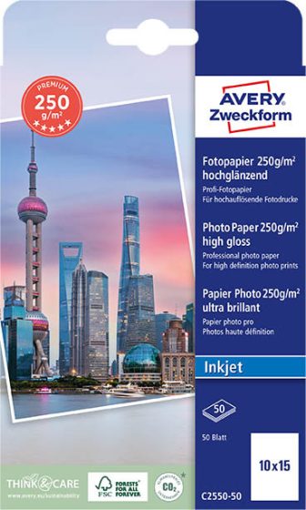 Avery Zweckform No. C2550-50 tintasugaras 100 x 150 mm (A6) méretű, 250 g -os prémium minőségű magasfényű fotópapír - 50 ív / doboz (Avery C2550-50)