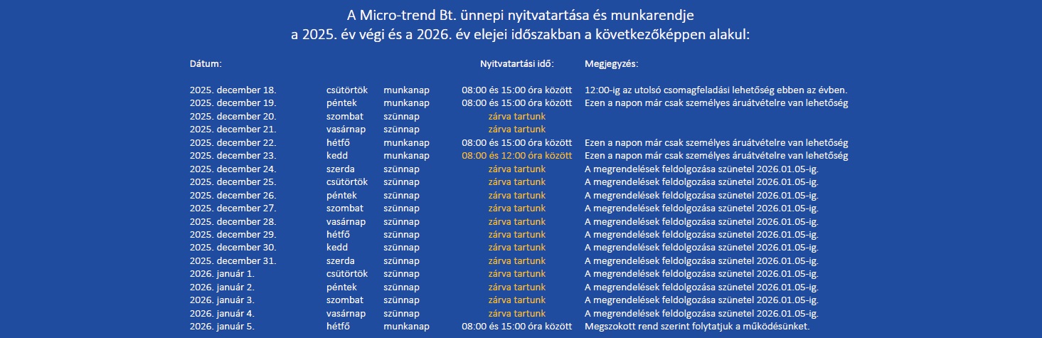 A Micro-trend Bt. ünnepi nyitvatartása és munkarendje. A Micro-trend Bt. ünnepi nyitvatartása és munkarendje.